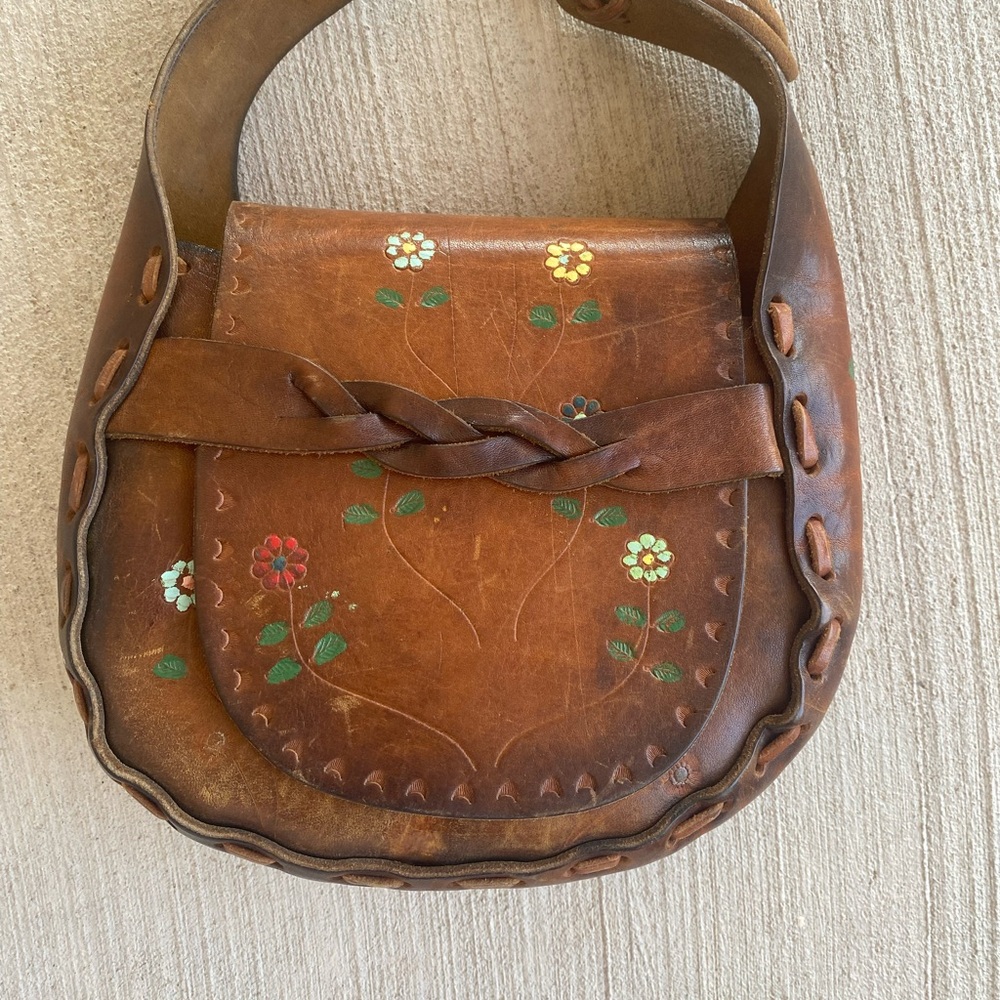 VTG 1970s leather Hand Painted Purse Handbag Boho Hippie Hand Tooled